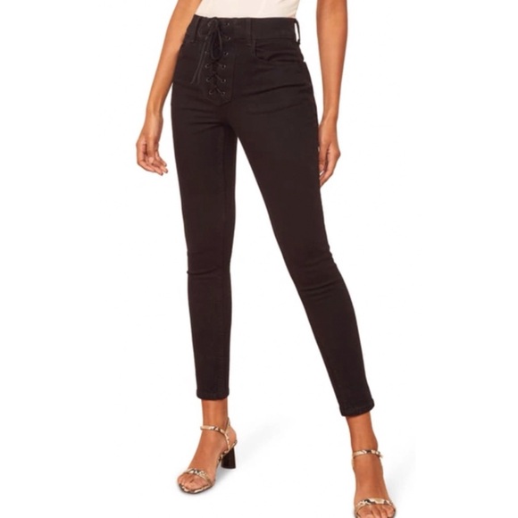 REFORMATION BLACK JADEN HIGH AND SKINNY LACE UP FRONT CLOSURE JEANS - Picture 11 of 12